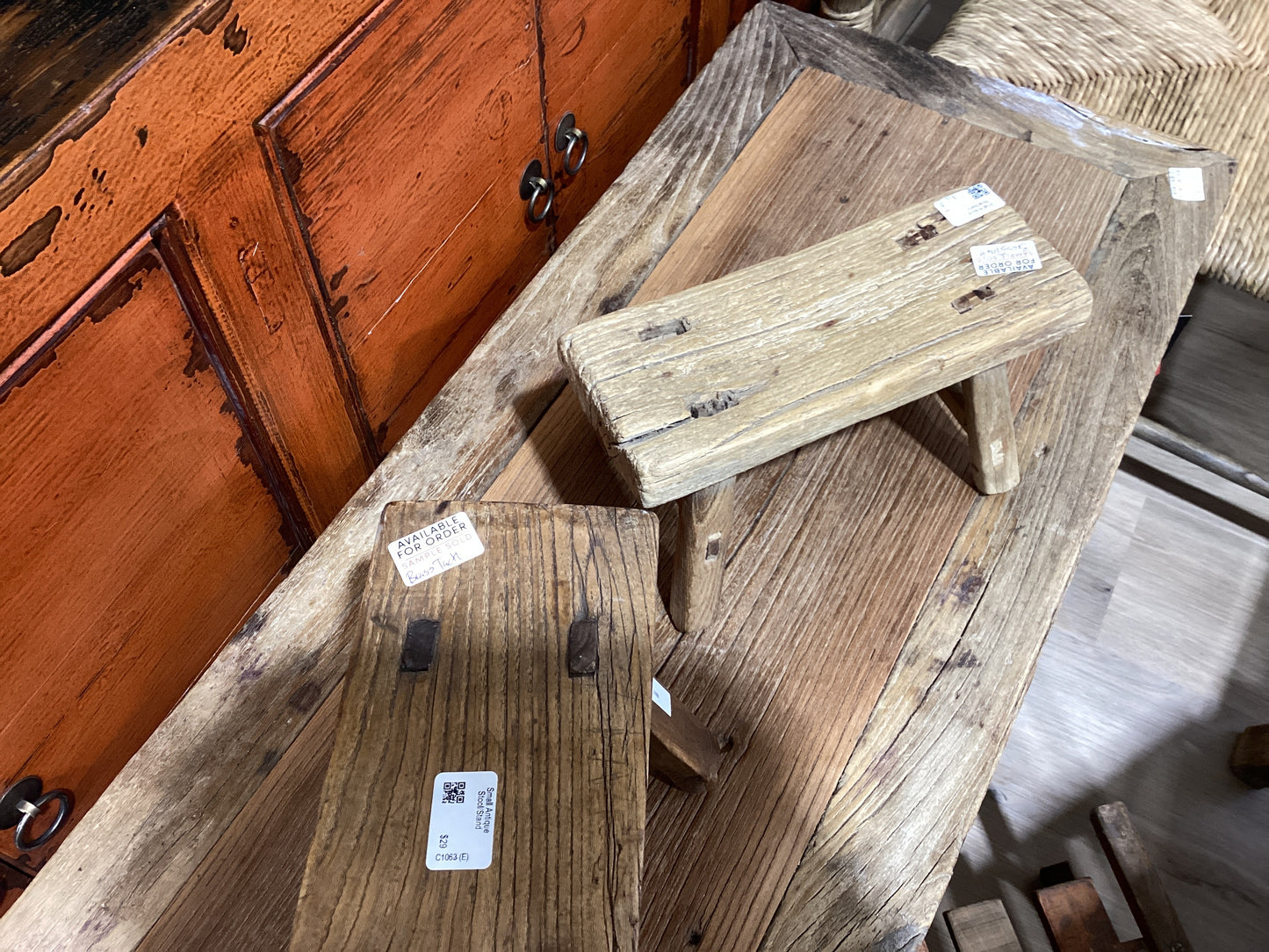 Miniature antique rectangular country stool with mortise and tenon joinery